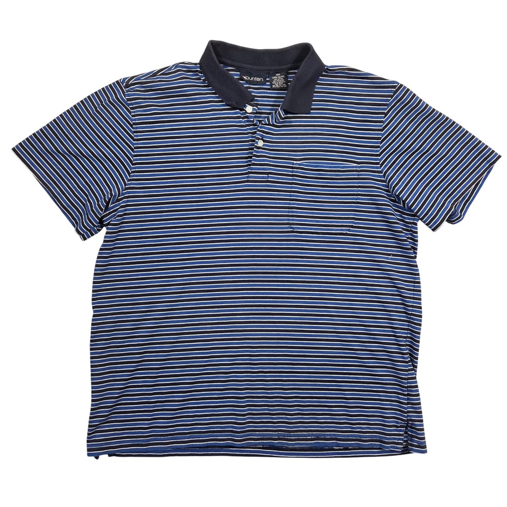 Puritan Mens L Blue‎ Navy White Striped Y2k Short Sleeve Polo Shirt Baggy Grunge